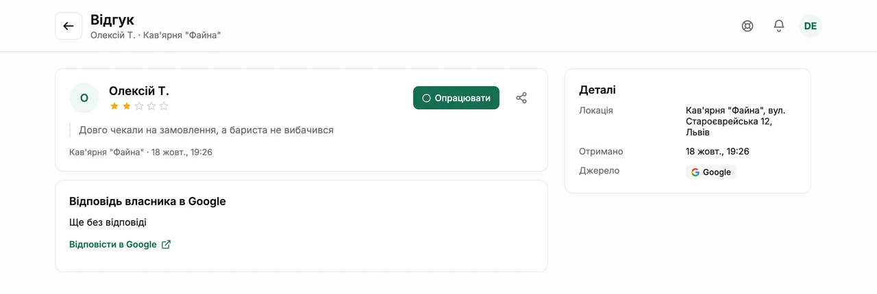 Сторінка відгуку Google без відповіді в кабінеті Pochuto: картка з двома зірками, іменем автора і текстом цитатою, кнопки "Опрацювати" та "Поділитися", блок "Відповідь власника в Google" зі статусом "Ще без відповіді" і посиланням "Відповісти в Google", праворуч блок "Деталі" з локацією, адресою, датою і джерелом Google
