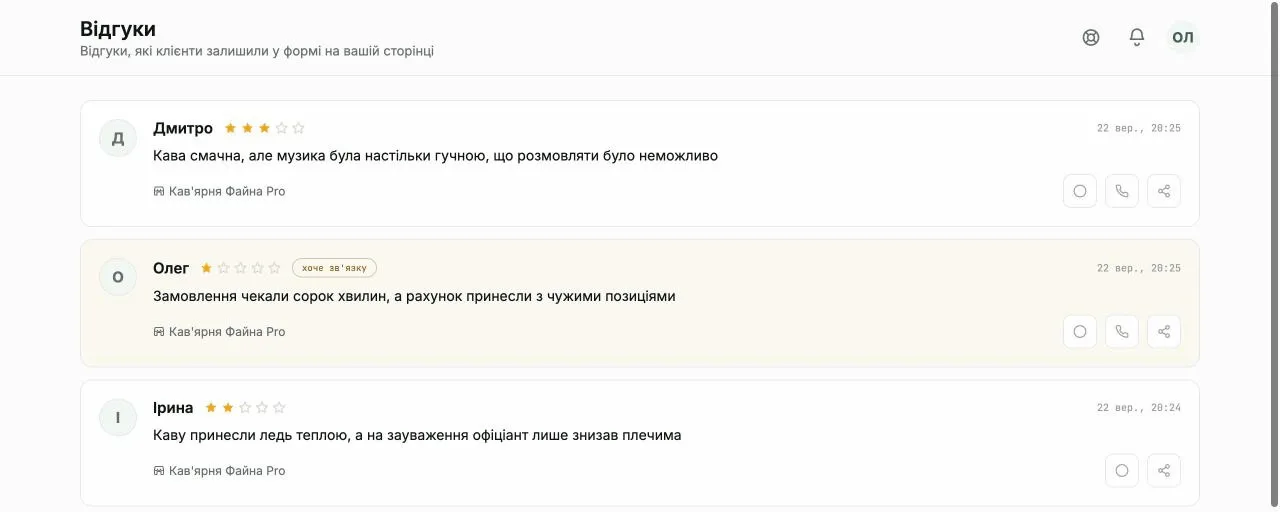 Список відгуків у кабінеті Pochuto: оцінка, текст, локація, позначка "хоче звʼязку" і кнопка дзвінка в тих картках, де клієнт лишив номер